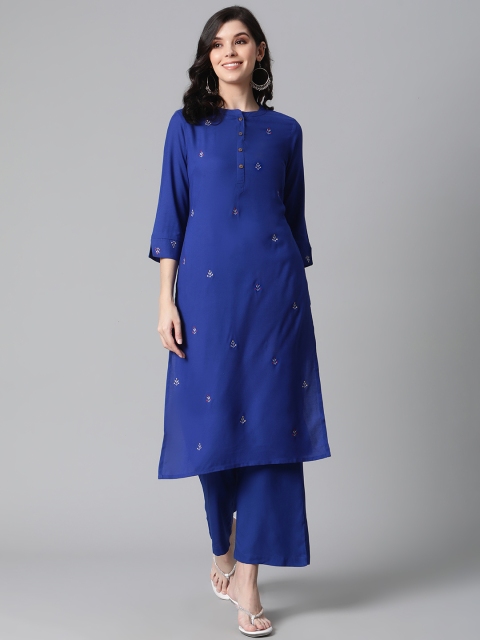 

clorals Women Blue Embroidered Kurta with Palazzos