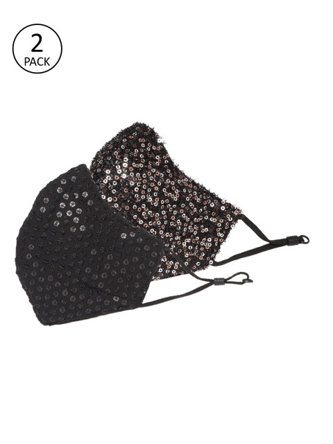 

MANARI India Women Black Pack of 2 Sequinned 5-Ply Reusable Face Masks with Pouch