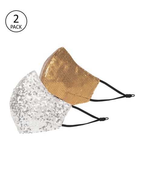 

MANARI India Women Pack of 2 Sequinned 5-Ply Reusable Face Masks with Pouch, Gold