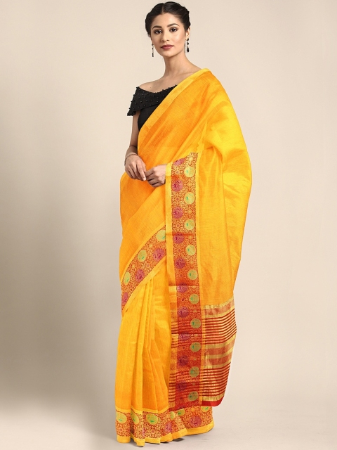 

Neerus Mustard Yellow & Gold-Toned Silk Cotton Solid Saree
