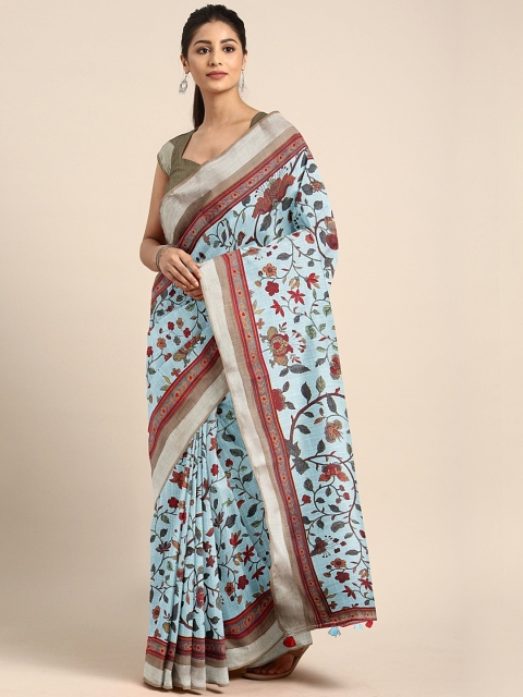 

Neerus Blue Floral Printed Linen Blend Saree