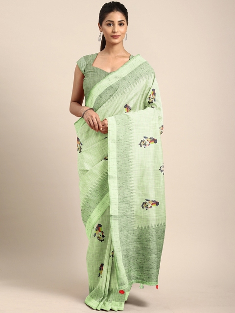 

Neerus Green Printed Linen Blend Saree