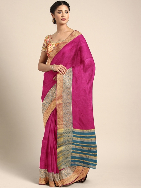 

Neerus Magenta Pink & Teal Blue Silk Cotton Solid Saree