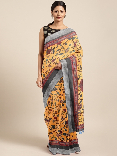 

Neerus Orange & Maroon Linen Blend Printed Saree