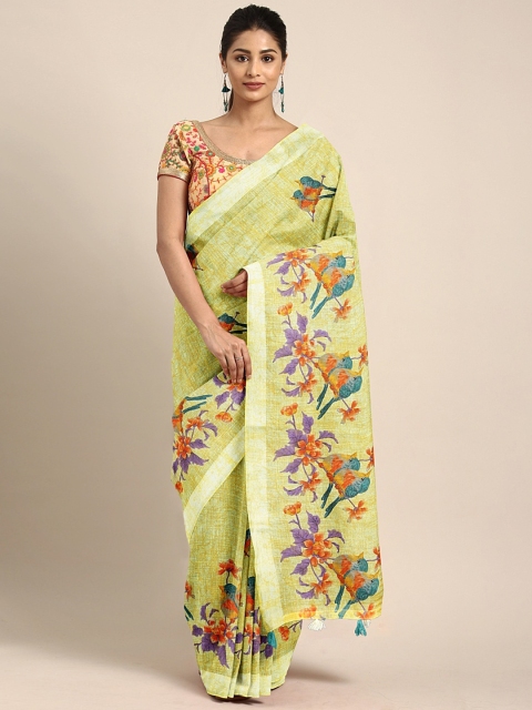 

Neerus Yellow Floral Printed Linen Blend Saree