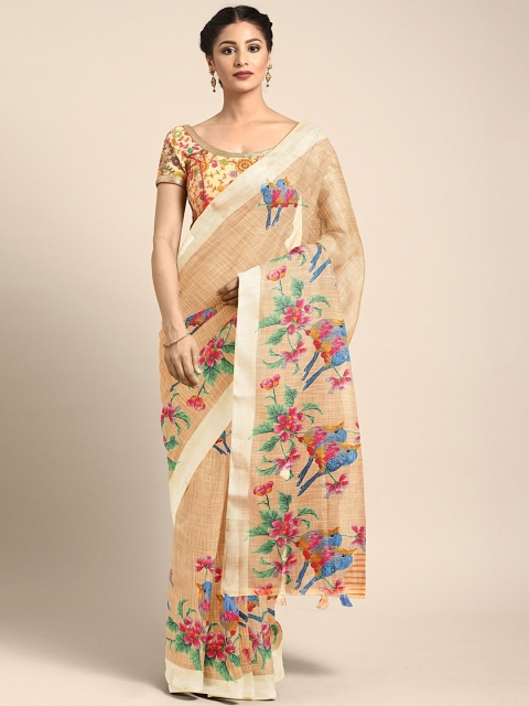 

Neerus Peach-Coloured & Multicoloured Linen Blend Printed Saree