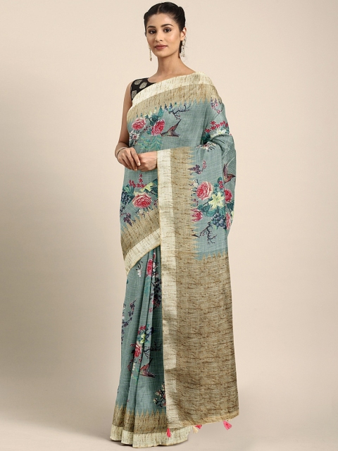 

Neerus Olive Green & Beige Linen Blend Printed Saree