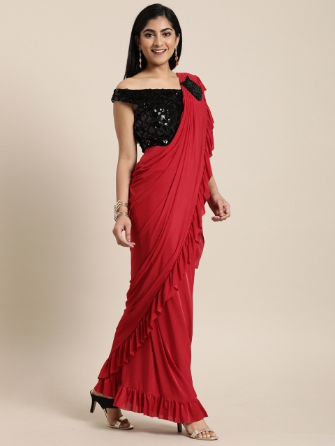 

Neerus Red Solid Ready To Wear Ruffled Saree