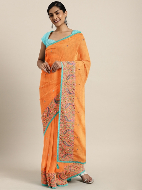 

Neerus Mustard Yellow & Blue Poly Chiffon Embroidered Saree with Mirror Work