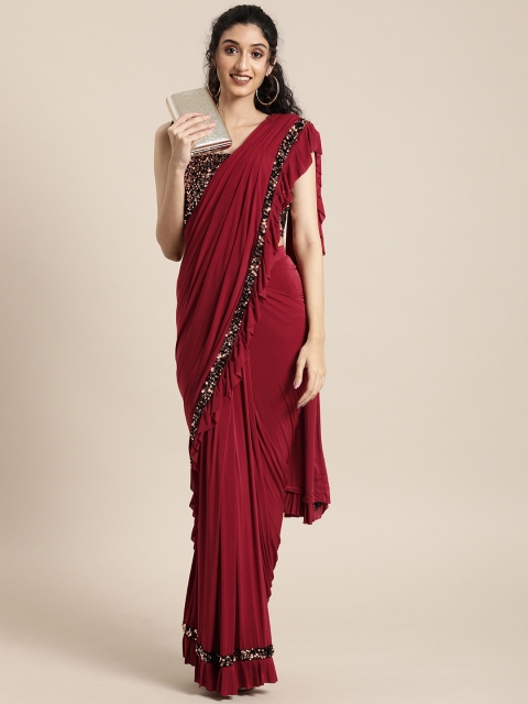 

Neerus Maroon Solid Ready To Wear Ruffled Saree
