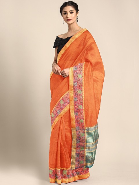 

Neerus Orange & Teal Blue Silk Cotton Solid Saree