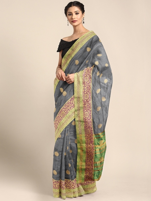 

Neerus Grey & Gold-Toned Silk Cotton Woven Design Saree