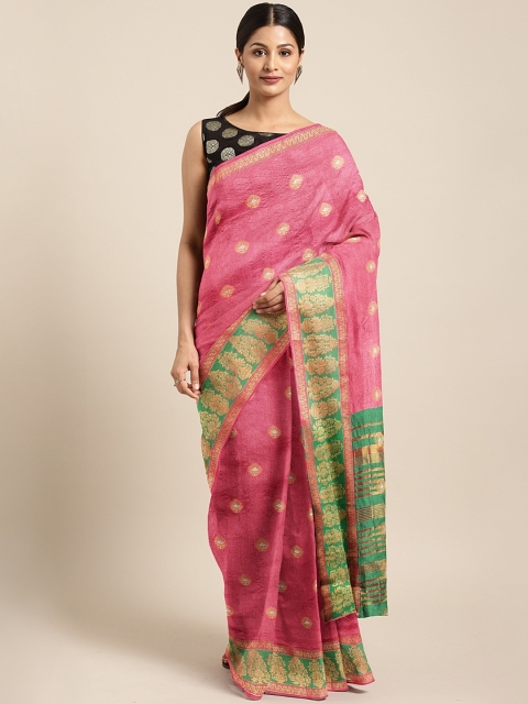 

Neerus Pink & Fluorescent Green Silk Cotton Woven Design Saree