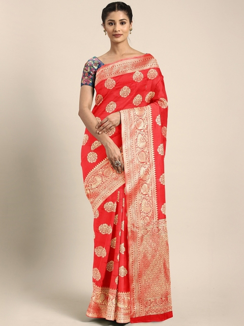 

Neerus Coral & Gold-Toned Pure Silk Woven Design Saree