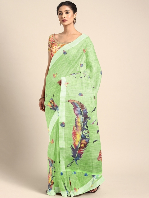 

Neerus Lime Green & Navy Blue Linen Blend Printed Saree