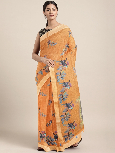 

Neerus Orange & Blue Linen Blend Printed Saree