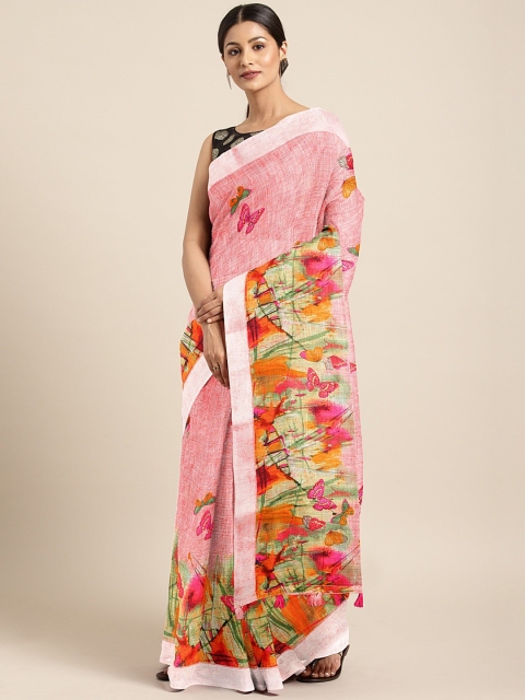 

Neerus Pink & Mustard Yellow Linen Blend Printed Saree