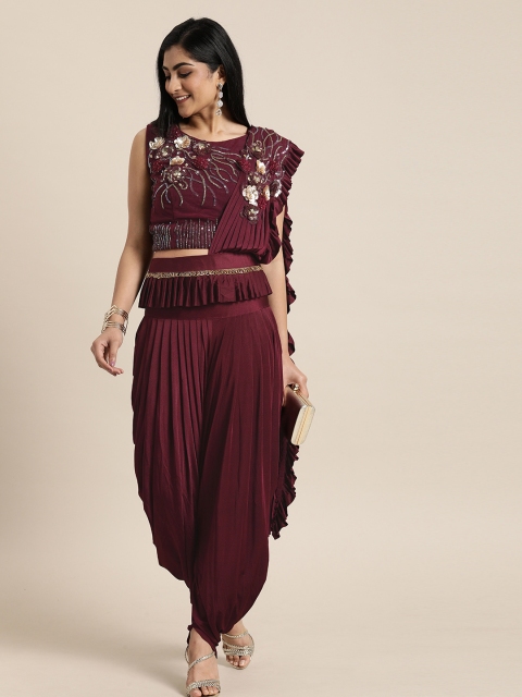 

Neerus Magenta & Gold-Toned Solid Ready To Wear Dhoti Saree