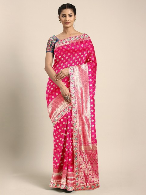 

Neerus Pink & Gold-Toned Pure Silk Woven Design Saree