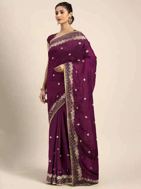 

Neerus Purple & Gold-Toned Poly Crepe Embroidered Saree