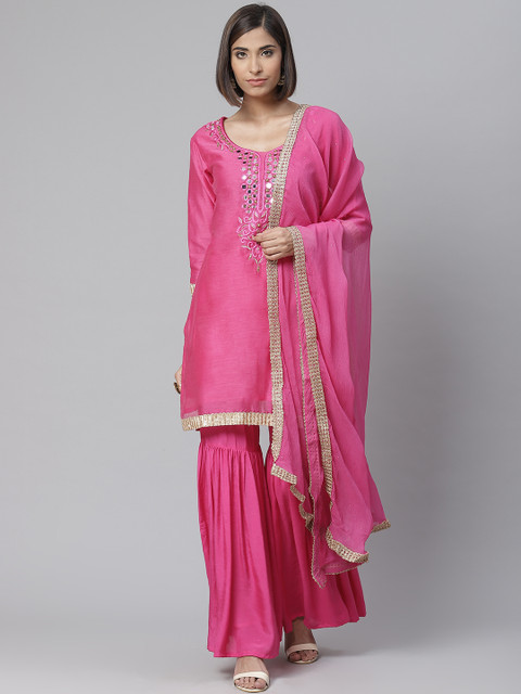 

Readiprint Fashions Pink Mirror-Work Yoke Design Unstitched Dress Material