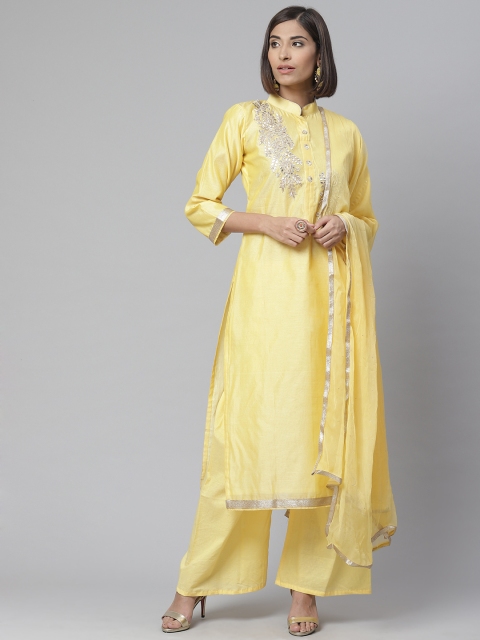 

Readiprint Fashions Yellow & Silver Gotta Patti Work Semi-Stitched Dress Material