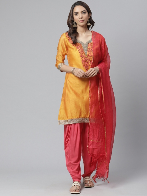 

Readiprint Fashions Mustard Yellow & Coral Pink Printed Unstitched Dress Material