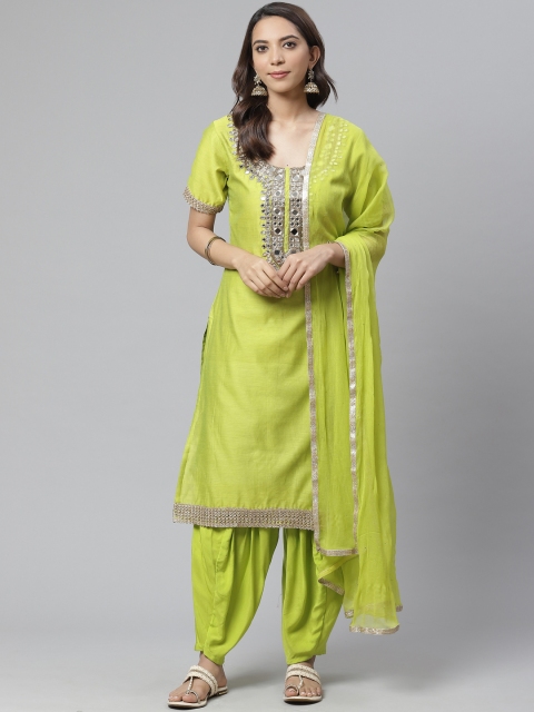 

Readiprint Fashions Lime Green Mirror Work Unstitched Dress Material
