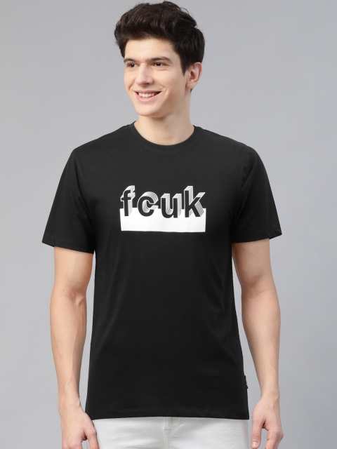 

French Connection Men Black & White Printed Round Neck T-shirt