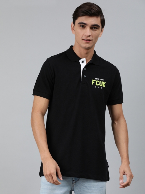

French Connection Men Black Slim Fit Solid Polo Collar T-shirt with Printed Detail