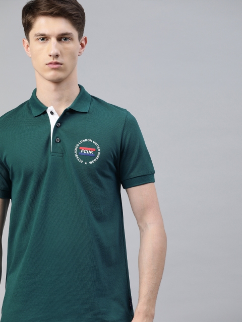 

French Connection Men Teal Green Solid Slim Fit Polo Collar Pure Cotton T-shirt