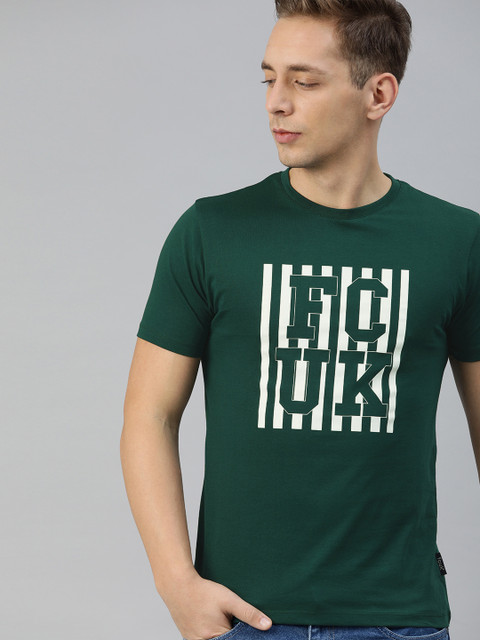 

French Connection Men Green Printed Round Neck Pure Cotton T-shirt