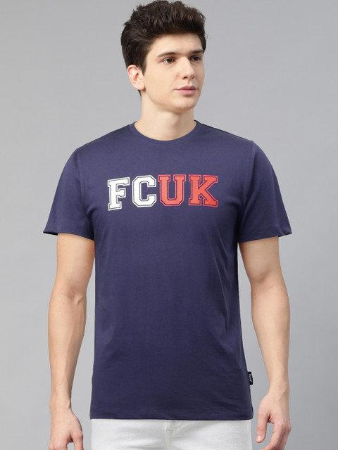 

French Connection Men Navy Blue & Orange Printed Round Neck T-shirt