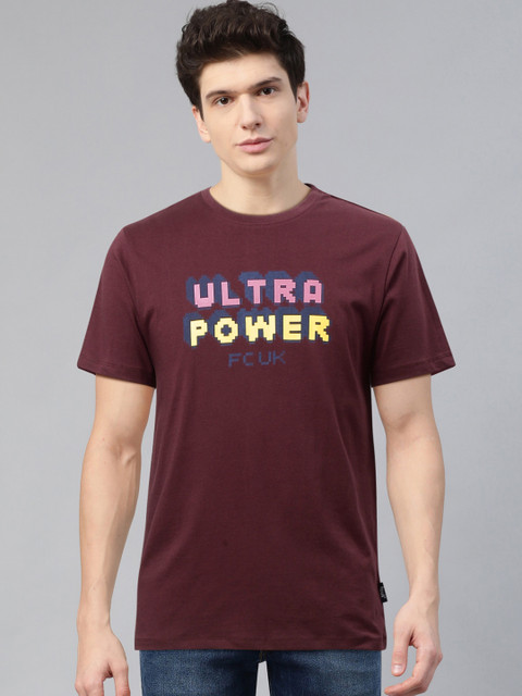 

French Connection Men Burgundy Yellow Printed Round Neck Pure Cotton T-shirt