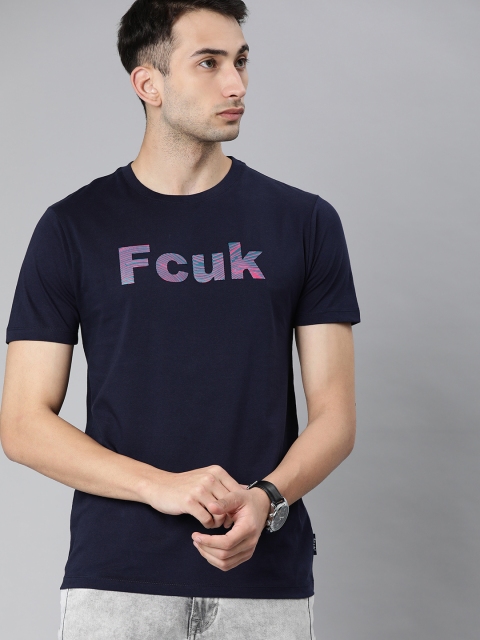 

French Connection Men Navy Blue Printed Round Neck T-shirt