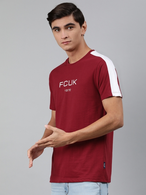 

French Connection Men Maroon Printed Round Neck Pure Cotton T-shirt with Shoulder Blocked Detail