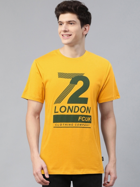 

French Connection Men Yellow Green Printed Round Neck Pure Cotton T-shirt