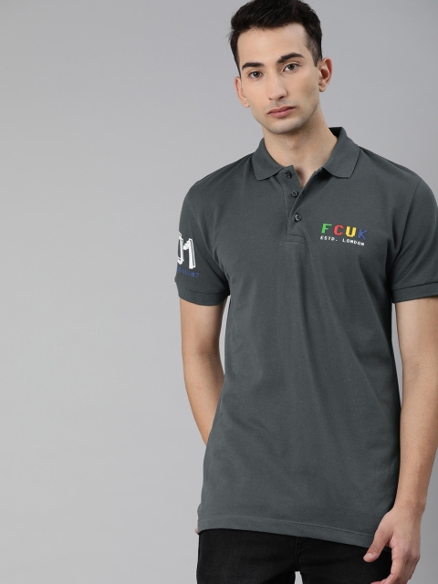 

French Connection Men Charcoal Grey Slim Fit Solid Polo Collar T-shirt