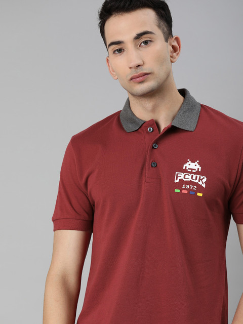 

French Connection Men Maroon Slim Fit Solid Contrast Polo Collar Pure Cotton T-shirt