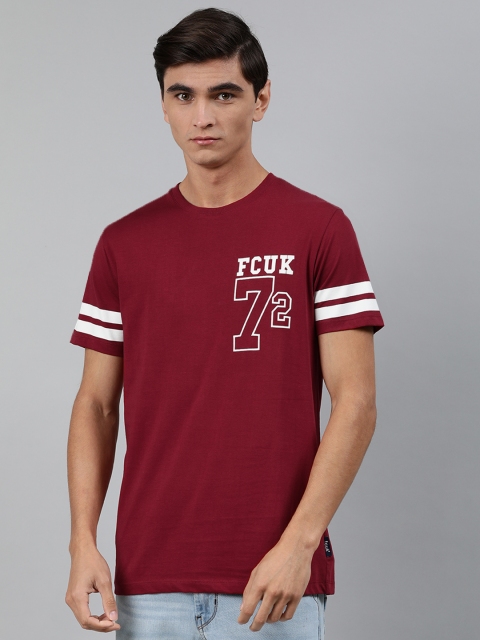 

French Connection Men Maroon Slim Fit Placement Printed Round Neck Pure Cotton T-shirt