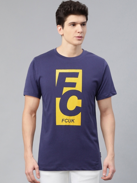 

French Connection Men Navy Blue & Yellow Printed Round Neck T-shirt