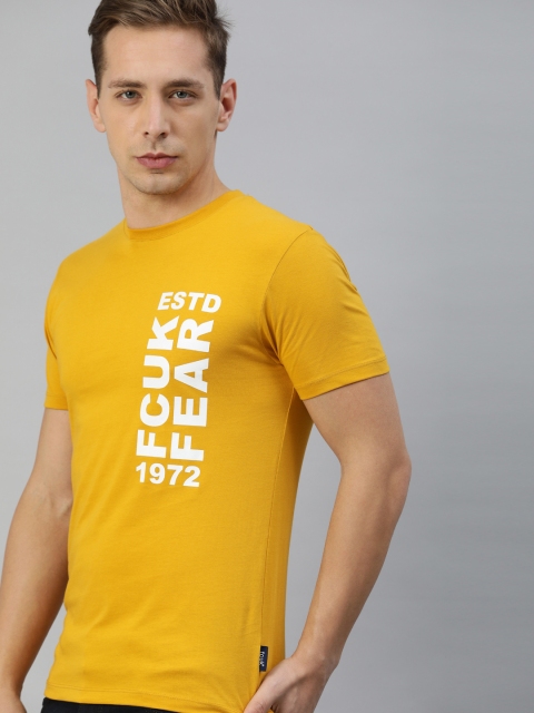 

French Connection Men Yellow Printed Round Neck Pure Cotton T-shirt