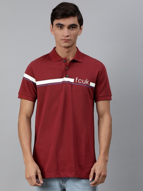 

French Connection Men Maroon White Slim Fit Striped Polo Collar Pure Cotton T-shirt