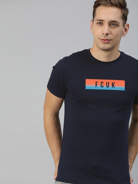 

French Connection Men Navy Blue Printed Round Neck T-shirt