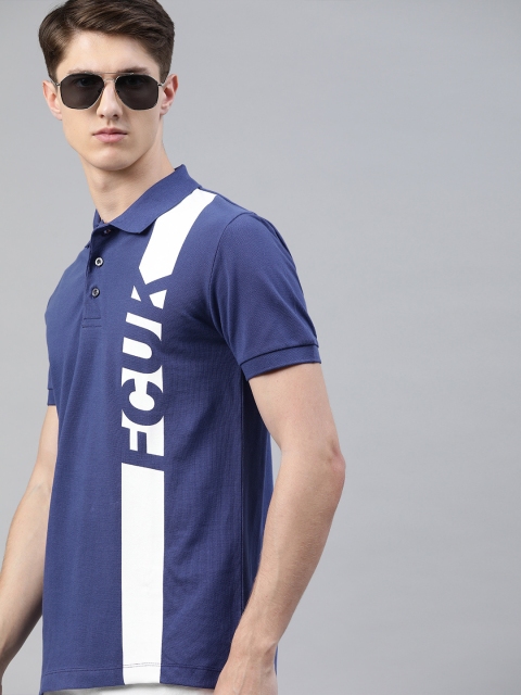 

French Connection Men Blue White Printed Slim Fit Polo Collar Pure Cotton T-shirt