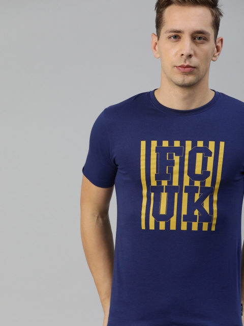 

French Connection Men Navy Blue Printed Round Neck Pure Cotton T-shirt