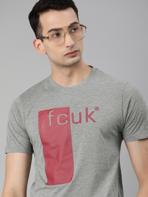 

French Connection Men Grey Melange Slim Fit Printed Round Neck T-shirt