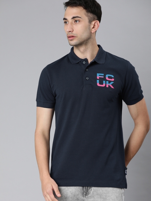 

French Connection Men Navy Blue Printed Polo Collar T-shirt
