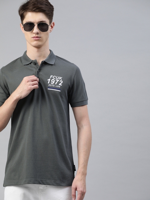 

French Connection Men Charcoal Grey Solid Slim Fit Polo Collar Pure Cotton T-shirt