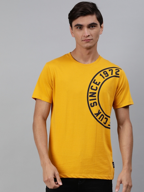 

French Connection Men Yellow Printed Round Neck Pure Cotton T-shirt